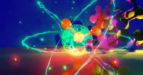 Quantum physics particles concept with atom core protons and neutrons Stock Illustration