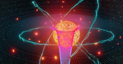 Quantum physics particles concept with atom core protons and neutrons Stock Illustration