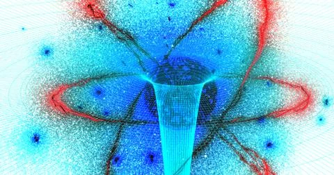 Quantum physics particles concept with atom core protons and neutrons Stock Illustration