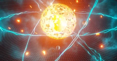 Quantum physics particles concept with atom core protons and neutrons Stock Illustration