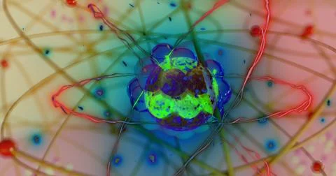 Quantum physics particles concept with atom core protons and neutrons Stock Illustration