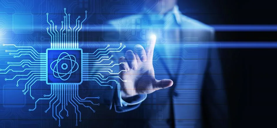 Quantum processor chip powerful supercomputer, Modern technology and computing Stock Photos