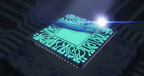 Quantum processor lying on a circuit board with golden lines. 3D Stock Footage 277447141