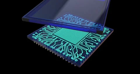 Quantum processor lying on a circuit board with golden lines. 3D Stock Footage 277447350