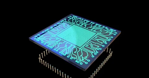 Quantum processor lying on a circuit board with golden lines. 3D Stock Footage 277447849