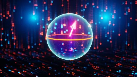 Quantum qubit in superposition state, bloch sphere, visualisation of concept of Stock Illustration