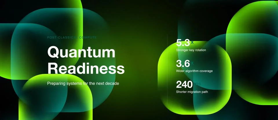 Quantum readiness concept shown. Green abstract shapes highlight metrics for イラスト素材