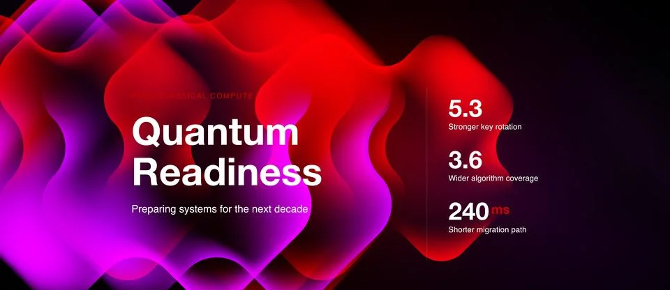 Quantum readiness concept shown. Vibrant pink, purple hues dominate design. Illustrazione stock