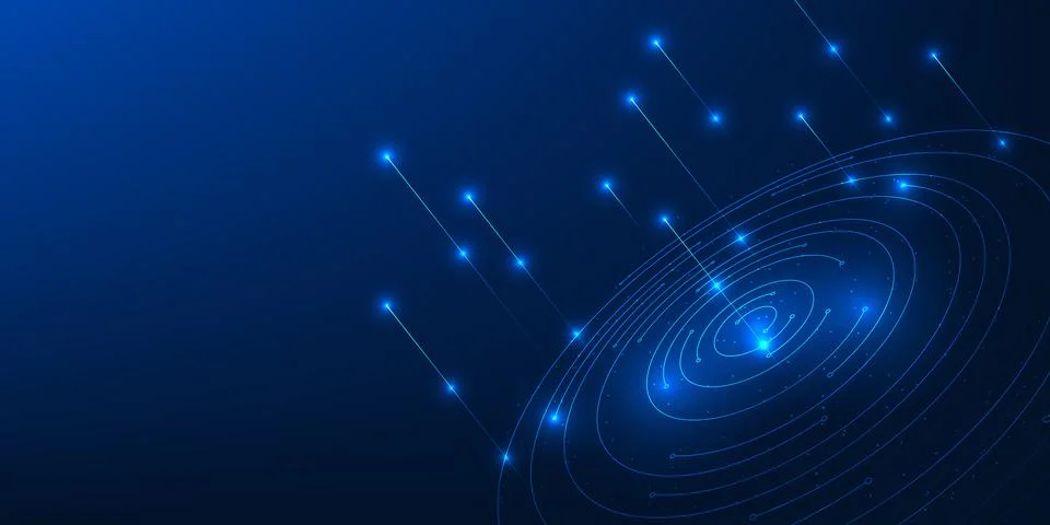 Quantum Technology Background, Circular Data with Rising Light Lines, Proce.. Stock-Illustration