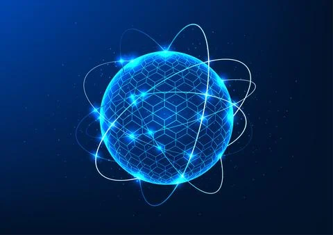 Quantum technology, a circular object surrounded by circuit lines reflectin.. Stock-Illustration