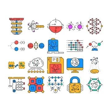 Quantum technology data network icons set vector Stock Illustration