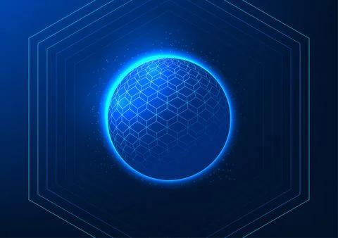 Quantum technology, a sphere expanding around a geometric shape, represents.. イラスト素材