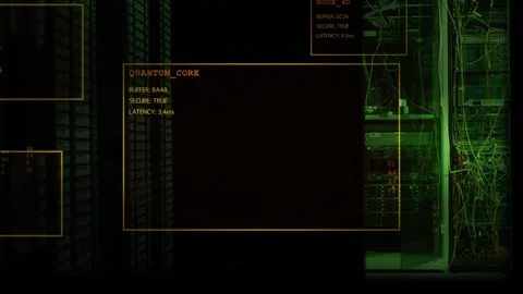 QUANTUM_CORE window expanding in server room as nodes appear, confirming buffer Stock Footage 332685187