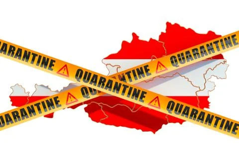 Quarantine in Austria concept. Austrian map with caution barrier tapes, 3D re Illustrazione stock