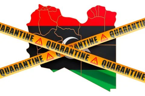 Quarantine in Libya concept. Libyan map with caution barrier tapes, 3D render Stock Illustration
