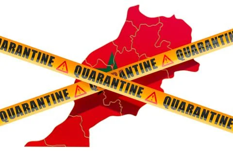 Quarantine in Morocco concept. Moroccan map with caution barrier tapes, 3D re Stock Illustration