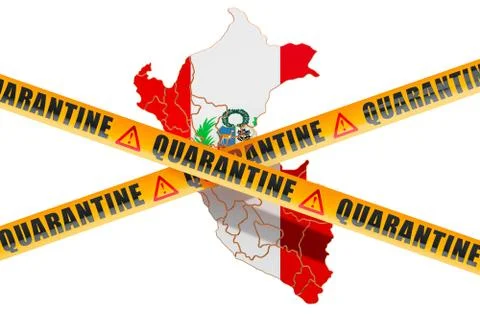 Quarantine in Peru concept. Peruvian map with caution barrier tapes, 3D rende Illustrazione stock