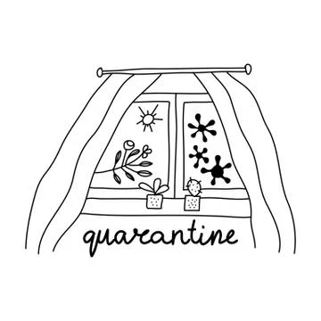 Quarantine spring 2020 concept. Window view with coronavirus bacteria, sun and Illustrazione stock