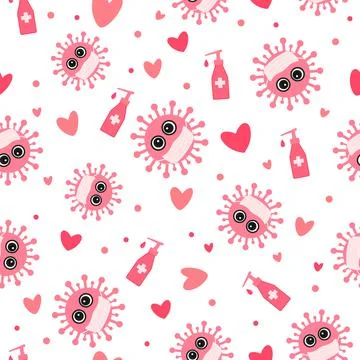 Quarantine Valentines Day seamless pattern. Cute virus wearing protective mas Stock Illustration
