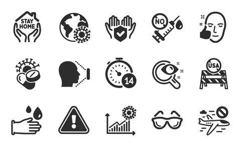 Quarantine, Vision test and Rubber gloves icons set. Vector Illustrazione stock
