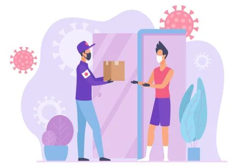 Quarantine visual advisor, courier delivers parcel to self isolated concept flat Stockillustratie