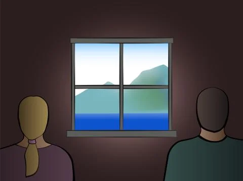 Quarantine Window Inside Couple Looking Outside Stock Illustration