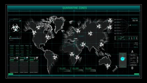 Quarantine Zones HUD Interface with World Map and Biohazard Outbreak Monitoring 動画素材 338433608