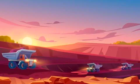 Quarry mining with heavy industrial dump trucks Illustrazione stock