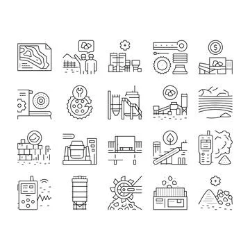Quarry Mining Industrial Process Icons Set Vector . Illustrazione stock