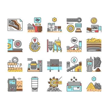 Quarry Mining Industrial Process Icons Set Vector . Illustrazione stock