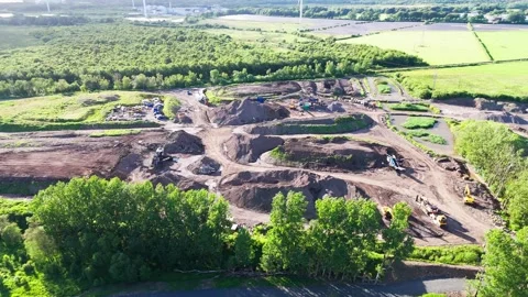 Quarry Operations, Aggregate Excavation, Earthwork Machinery, Aerial Stock-Footage 340009349