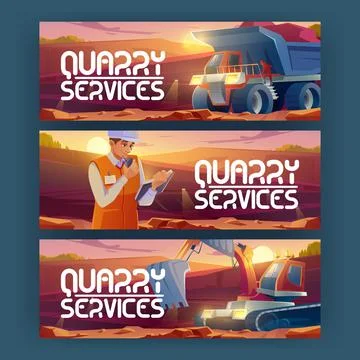 Quarry services banners with engineer and machines Stock Illustration