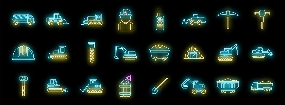 Quarry services icons set vector neon Stock Illustration