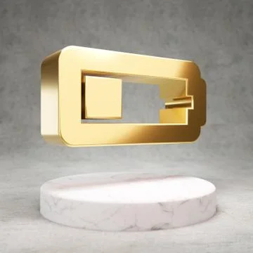 Quarter Battery icon. Shiny golden Quarter Battery symbol on white marble pod Stock Illustration