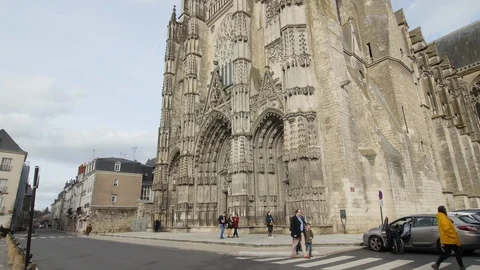 Quarter view of front side of Saint Gatien Cathedral Tours France 6.3.2020 Roman Stock Footage 126062823