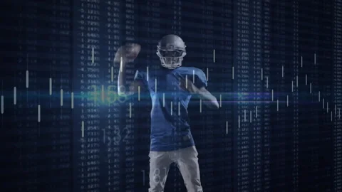 Quarterback shifting weight as data falls and preparing to throw in sports data Stock Footage 312638576