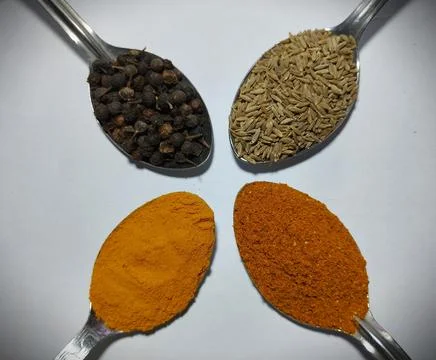 A Quartet of Culinary Spices on Spoons Stock Photos