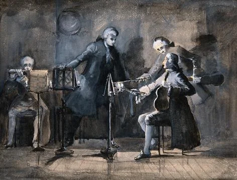 A quartet of musicians tuning up; two violinists point to their scores with.. Stock Illustration