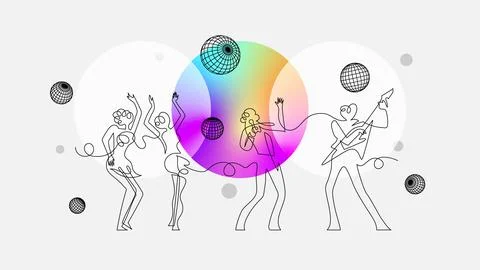 Quartet of Vocalists in Continuous Line Art, Evoking Retro Pop Sensibilities Stock Illustration