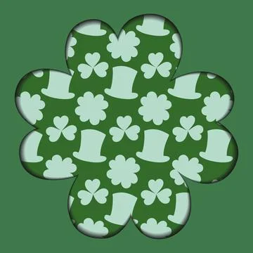 Quatrefoil leaf Paper Cut effect with patterned backdrop of clover leaves and Illustrazione stock