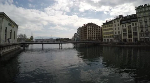 Quay de I'lle view to the Ron river - Geneva 4K Stock Footage 49315207