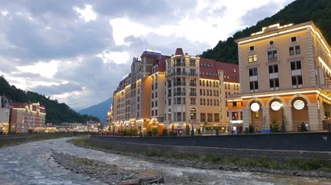 Quay Rosa Khutor. Mzymta River. Sochi, Russia. 1280x720 스톡 동영상 53608981
