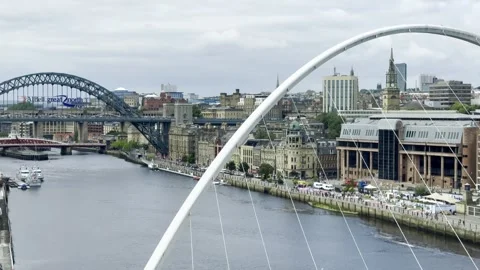 Quayside View of Millennium Bridge, Tyne Bridge and Newcastle Quayside from Stock Footage 302130025