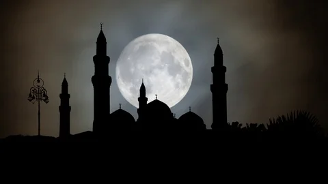 The Quba Mosque by Nigth with Full Moon, Medina, Saudi Arabia Stock Footage 102552449