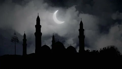 The Quba Mosque, Time Lapse By Night with Crescent Moon and Clouds, Medina Stock Footage 145964135