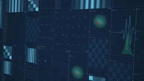 Qubit-array-data-wall-blue-angled-technology-loop Stock-Footage 343623735