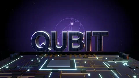 QUBIT Quantum Bit 3D Text with an Atomic Orbit on a Circuit Board Stock Illustration