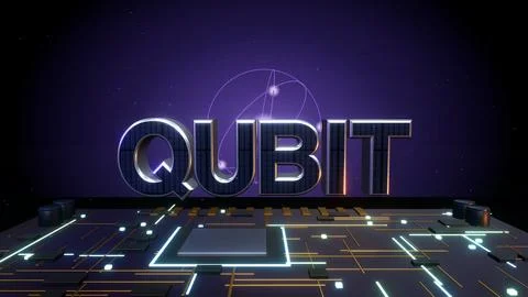 QUBIT Quantum Bit 3D Text with an Atomic Orbit on a Circuit Board Stock Illustration
