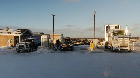 QUEBEC, CANADA: 01/12/2017: Chisasibi, James Bay, gas station refueling, winter Stock Footage 98748867