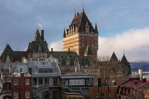 Quebec, Canada – 03/14/2021 : The Frontenac castle in winter Stock Photos